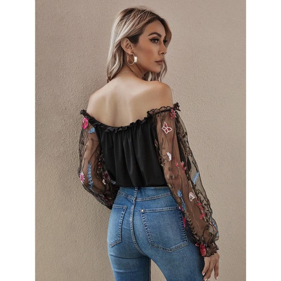 off the shoulder long sleeve sheer Flower Mesh Embroidered Sleeve black Top - Picture 2 of 7